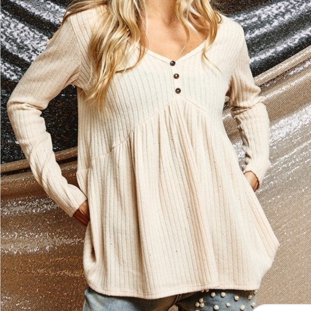 Ces Femme Beige Ribbed Knit Top Fall Sweater Glitter Accent in Fabric